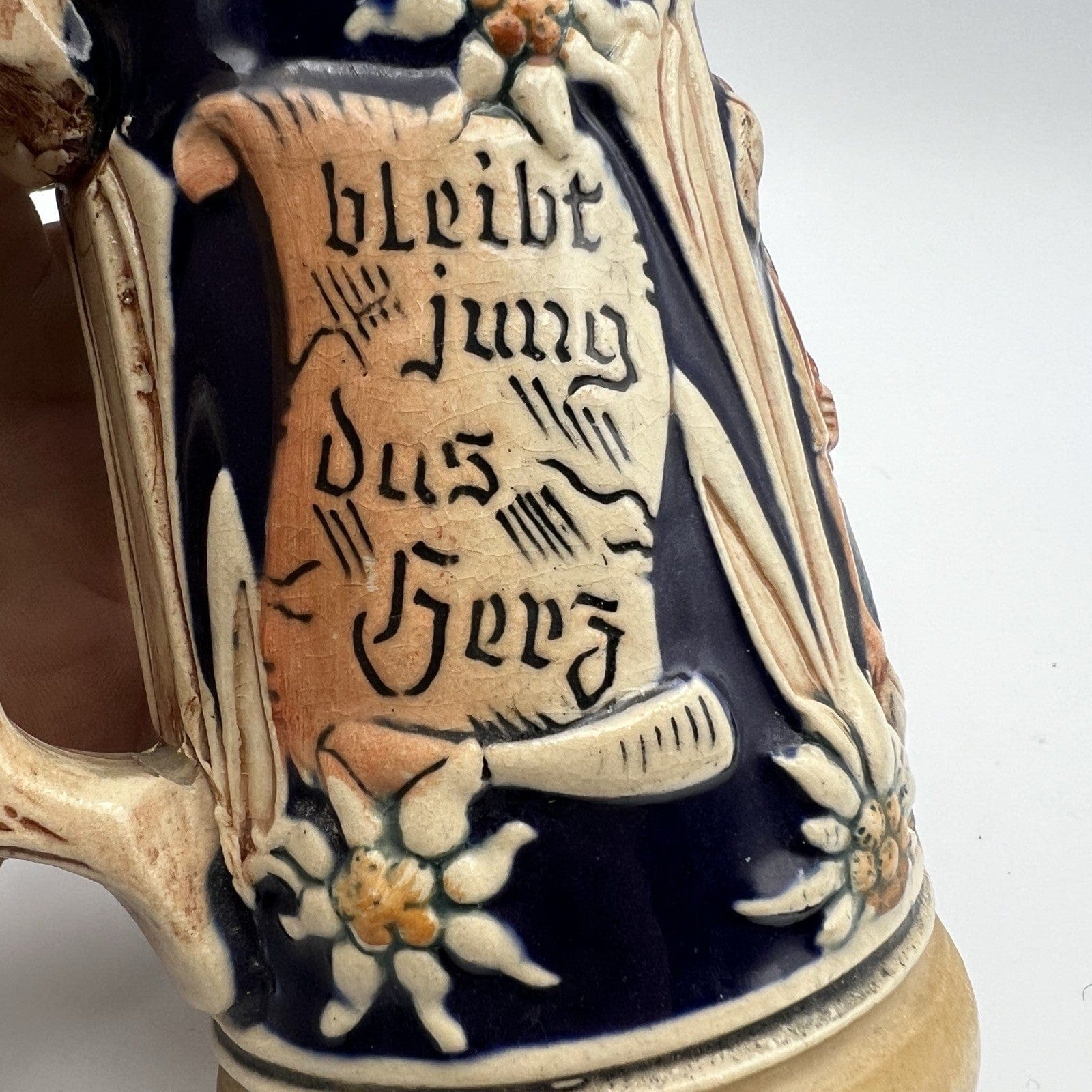 Boccale da birra in ceramica tedesco vintage con coperchio in peltro bicchiere B Categoria  Boccali