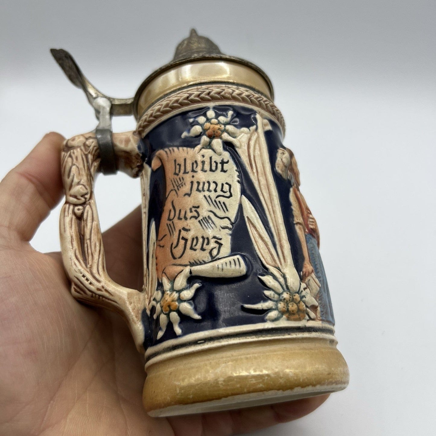 Boccale da birra in ceramica tedesco vintage con coperchio in peltro bicchiere B Categoria  Boccali