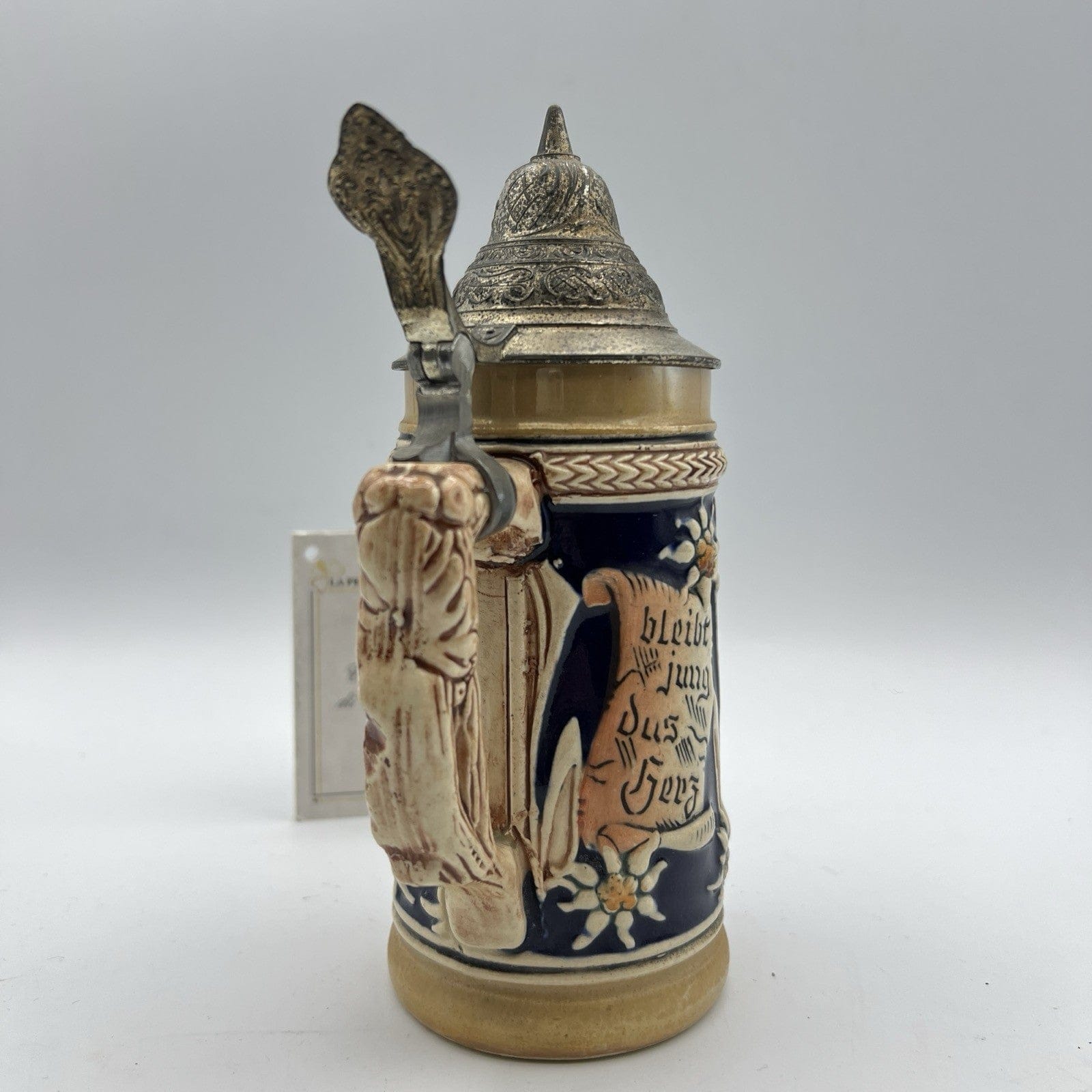 Boccale da birra in ceramica tedesco vintage con coperchio in peltro bicchiere B Categoria  Boccali