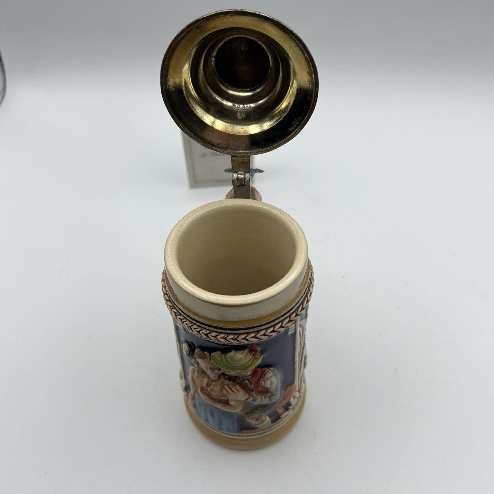 Boccale da birra in ceramica tedesco vintage con coperchio in peltro bicchiere B Categoria  Boccali