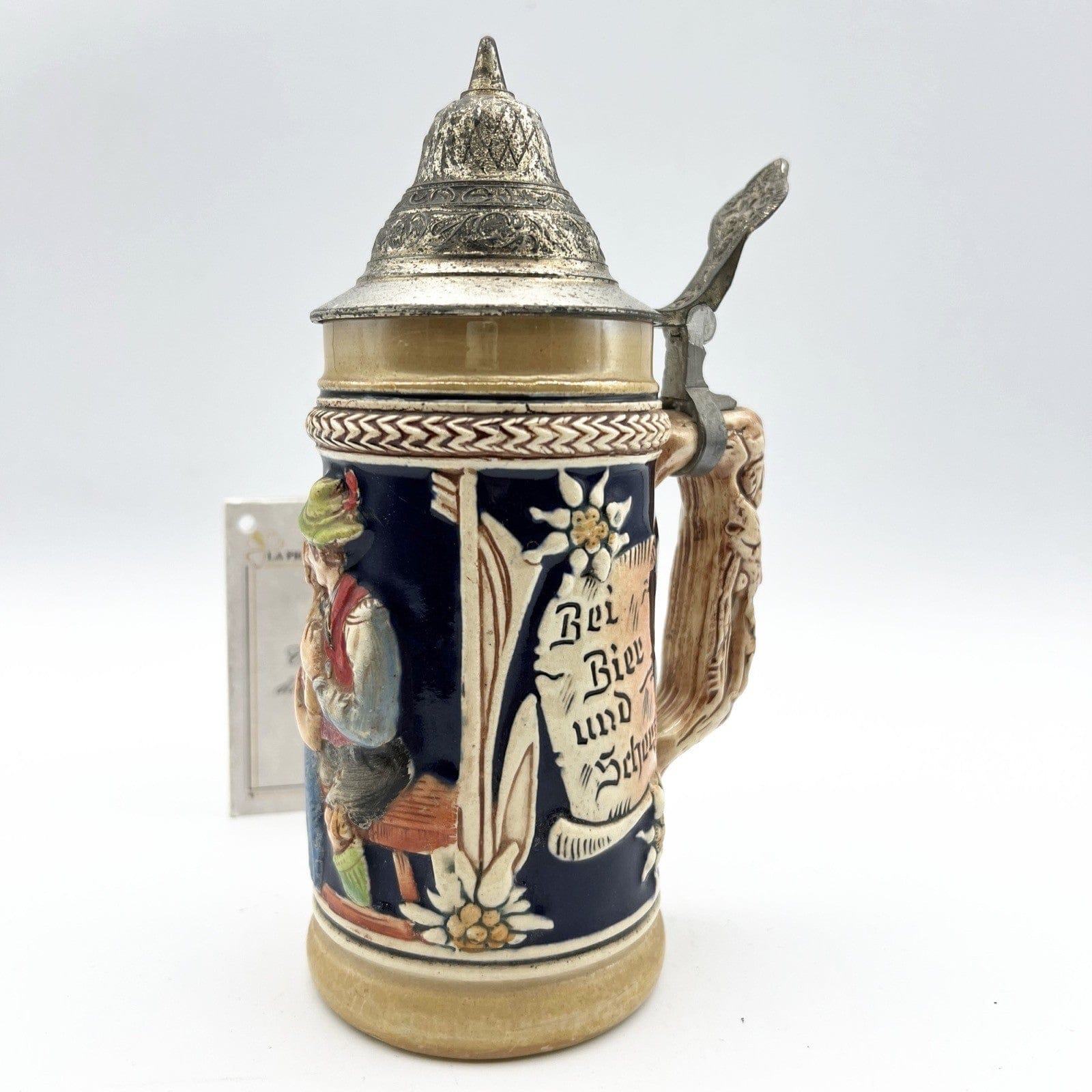 Boccale da birra in ceramica tedesco vintage con coperchio in peltro bicchiere B Categoria  Boccali