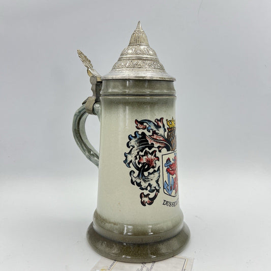 Boccale da birra in ceramica tedesco vintage con coperchio in peltro Dusseldorf Categoria  Boccali