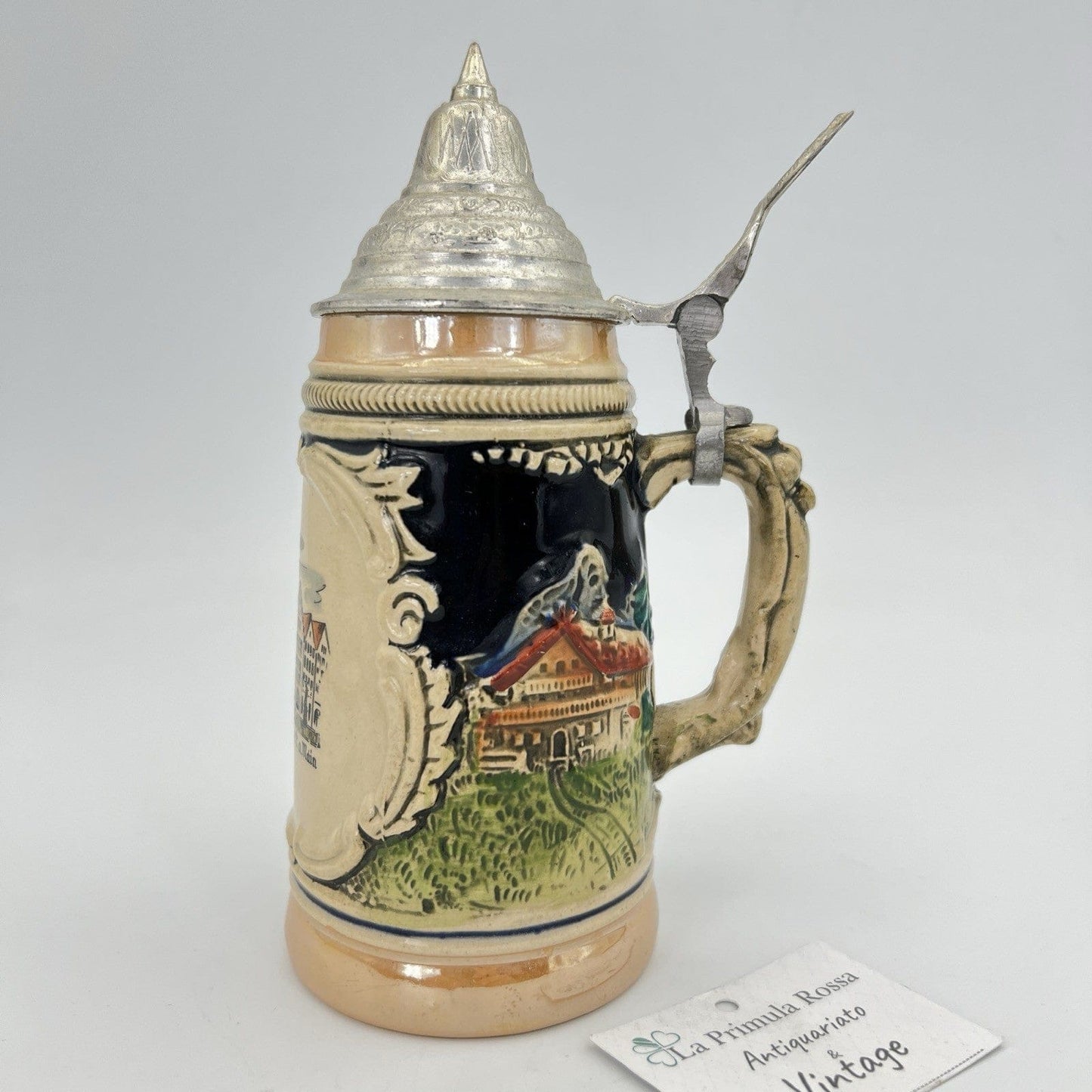 Boccale da birra in ceramica tedesco vintage con coperchio peltro Francoforte Categoria  Boccali