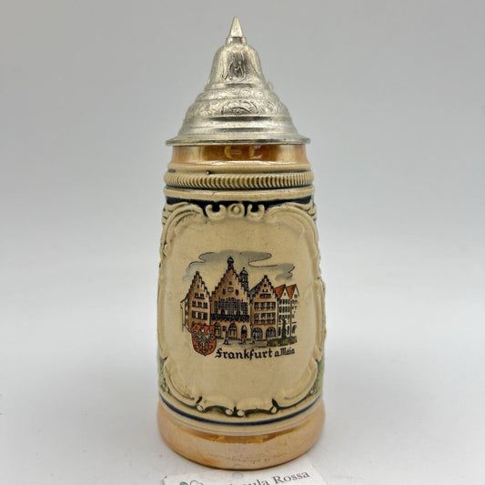 Boccale da birra in ceramica tedesco vintage con coperchio peltro Francoforte Categoria  Boccali