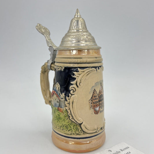 Boccale da birra in ceramica tedesco vintage con coperchio peltro Francoforte Categoria  Boccali