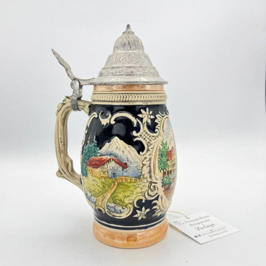 Boccale da birra in ceramica tedesco vintage con coperchio peltro Freudenstadt Categoria  Boccali