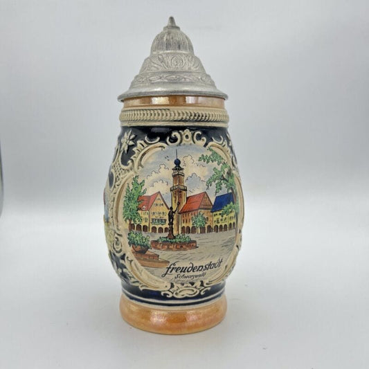 Boccale da birra in ceramica tedesco vintage con coperchio peltro Freudenstadt Categoria  Boccali