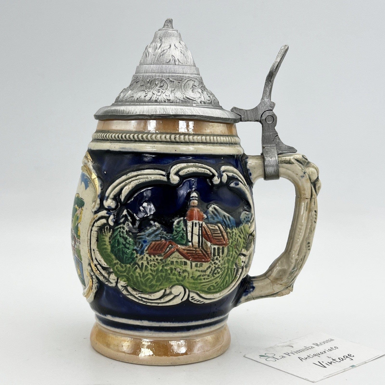 Boccale da birra in ceramica tedesco vintage con coperchio peltro Roccaraso Categoria  Boccali