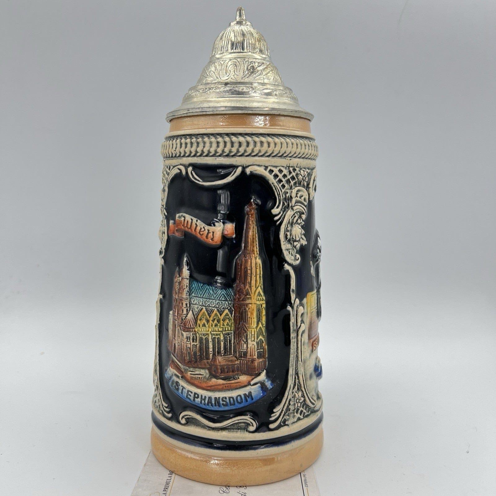 Boccale da birra in ceramica Vienna vintage con coperchio in peltro bicchiere X Categoria  Boccali