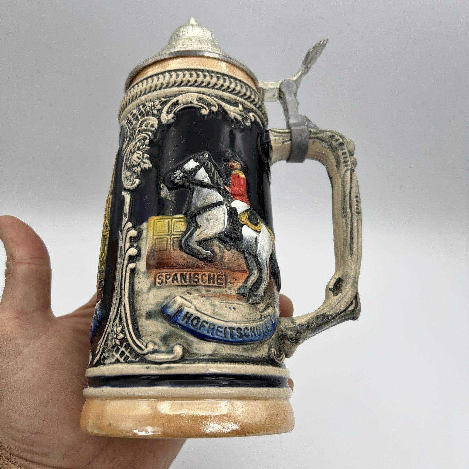 Boccale da birra in ceramica Vienna vintage con coperchio in peltro bicchiere X Categoria  Boccali