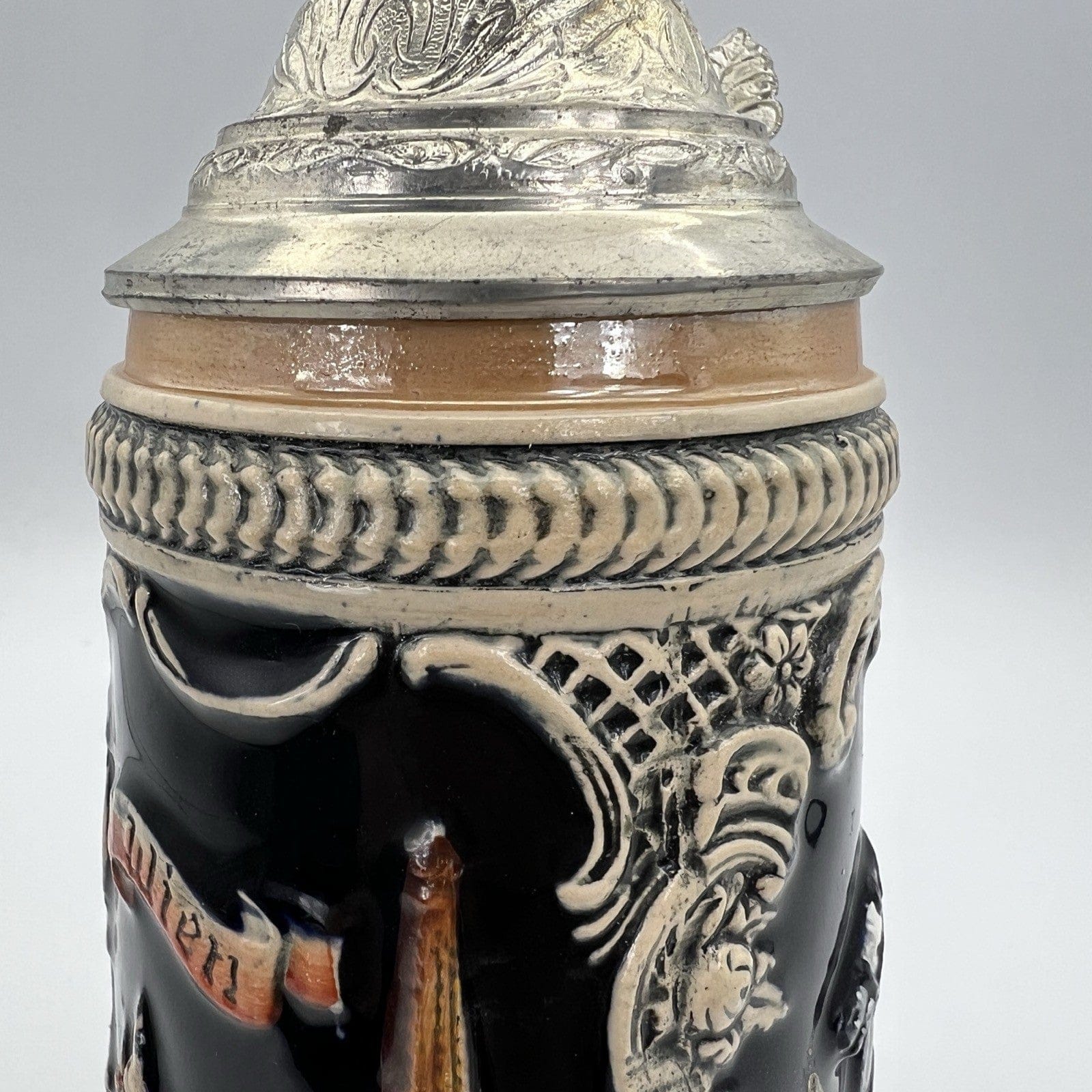 Boccale da birra in ceramica Vienna vintage con coperchio in peltro bicchiere X Categoria  Boccali