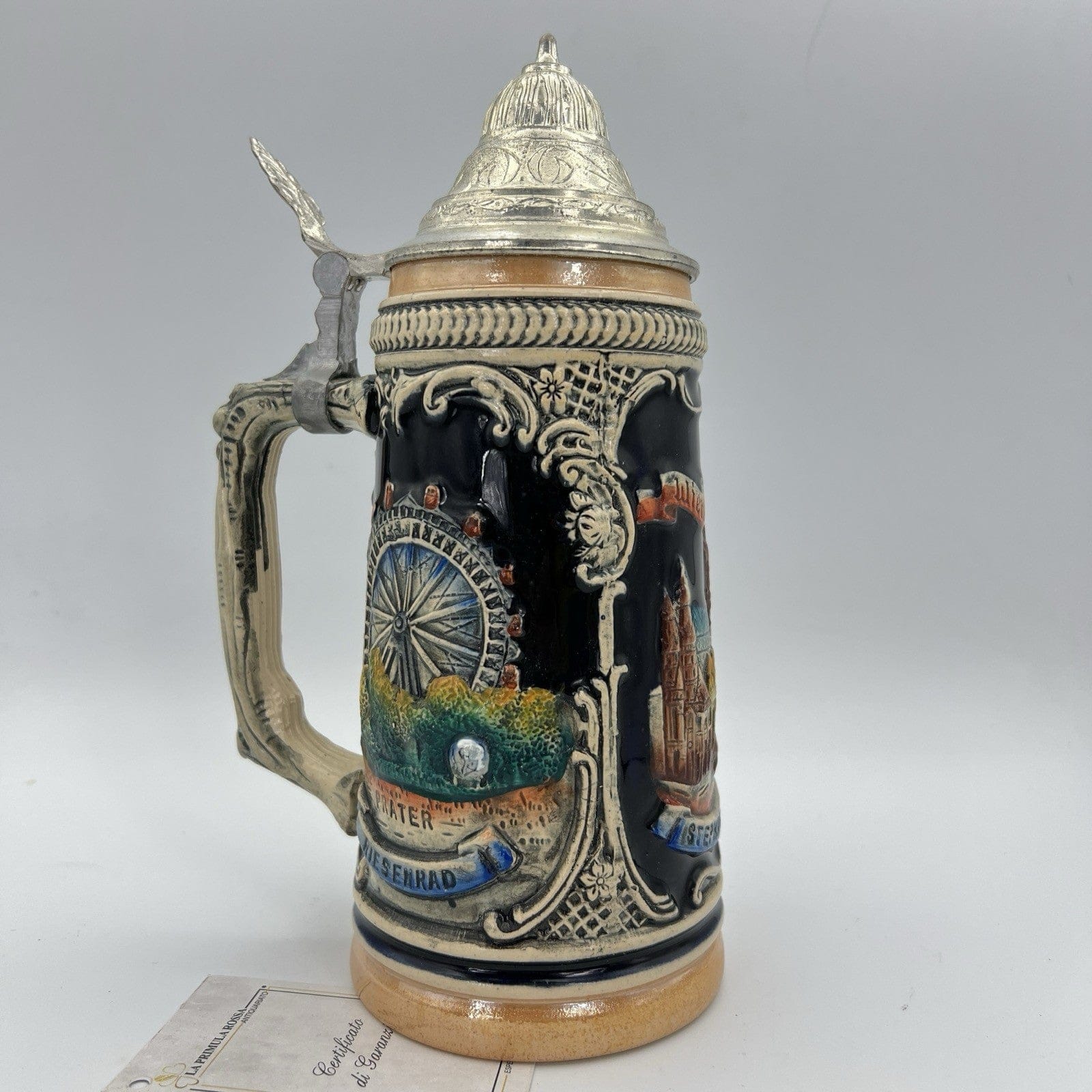 Boccale da birra in ceramica Vienna vintage con coperchio in peltro bicchiere X Categoria  Boccali