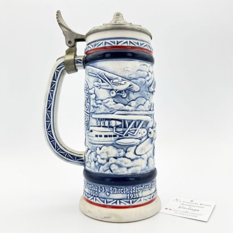 Boccale da birra in ceramica vintage con coperchio in peltro bicchiere Aviazione Categoria  Birra & dintorni