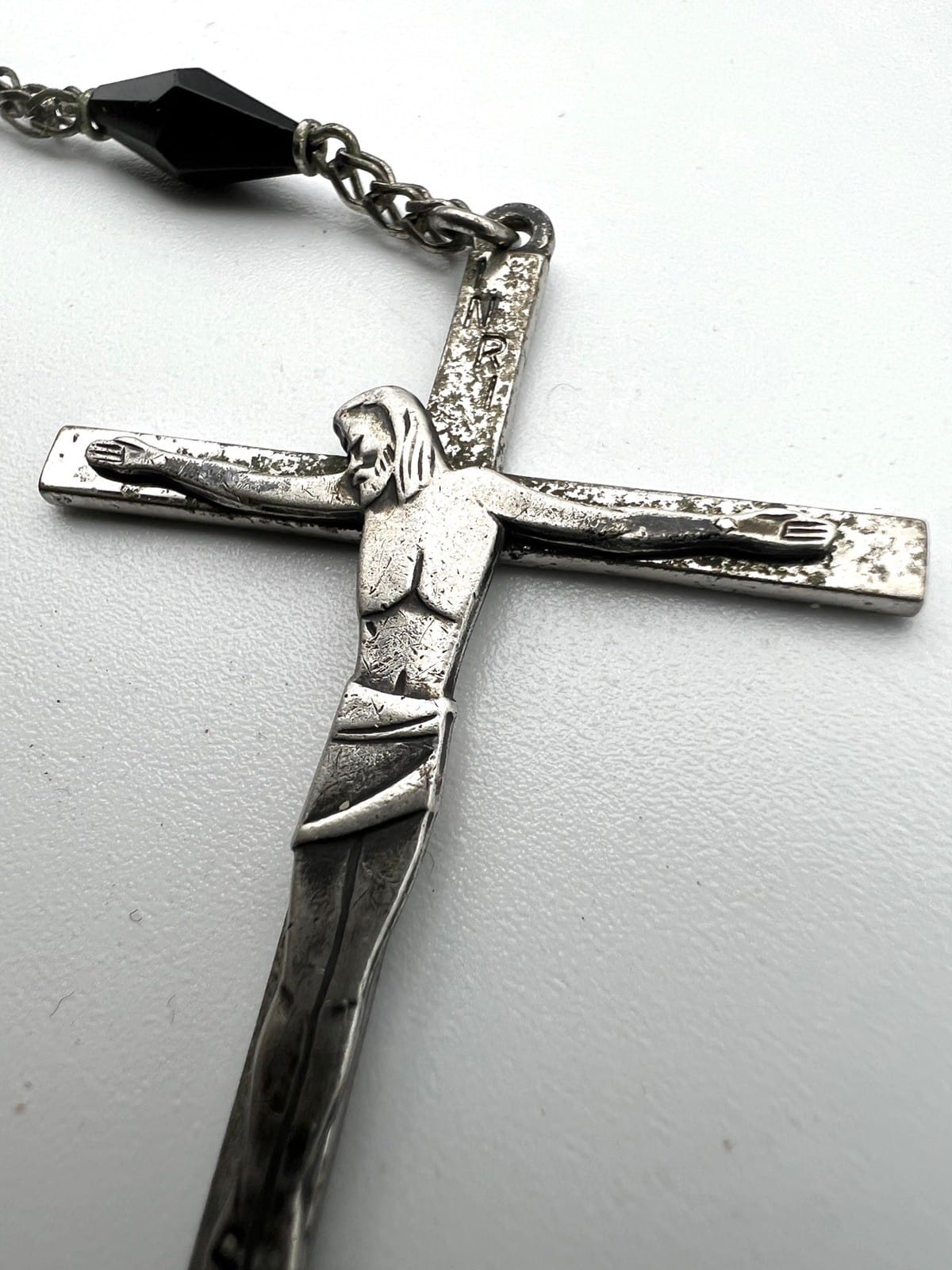 Collana Rosario in Argento 925 Catenina Vintage Vetro nero crocifisso religiosa Categoria  Oggetti sacri - rosari