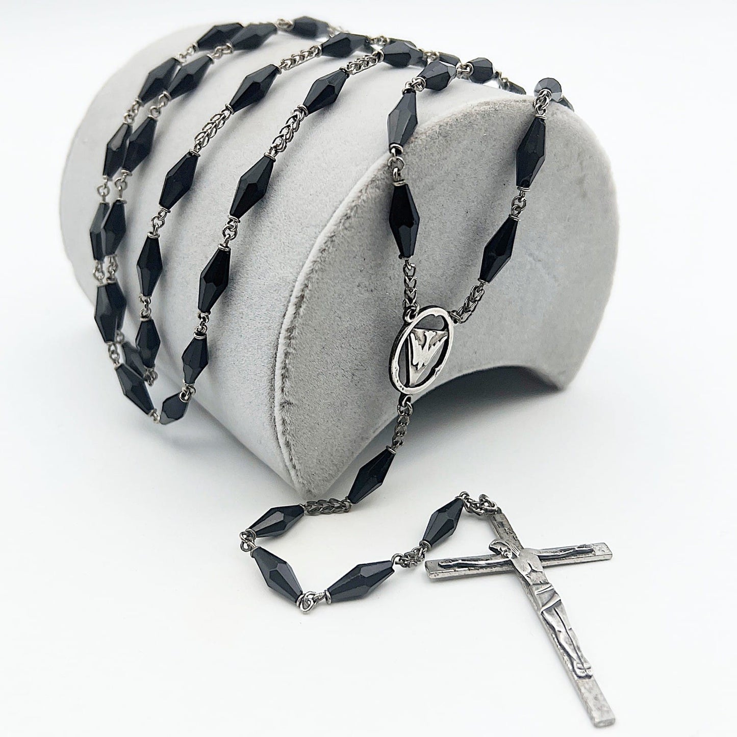 Collana Rosario in Argento 925 Catenina Vintage Vetro nero crocifisso religiosa Categoria  Oggetti sacri - rosari