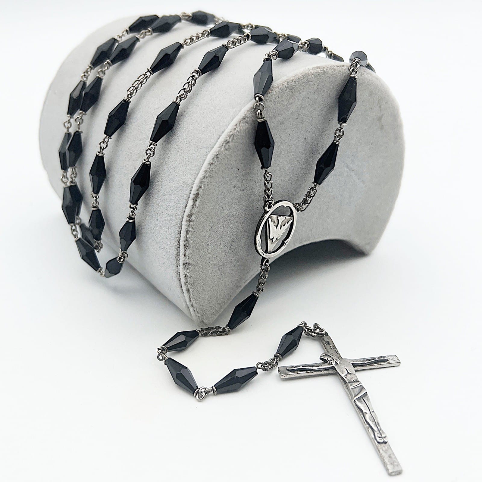 Collana Rosario in Argento 925 Catenina Vintage Vetro nero crocifisso religiosa Categoria  Oggetti sacri - rosari