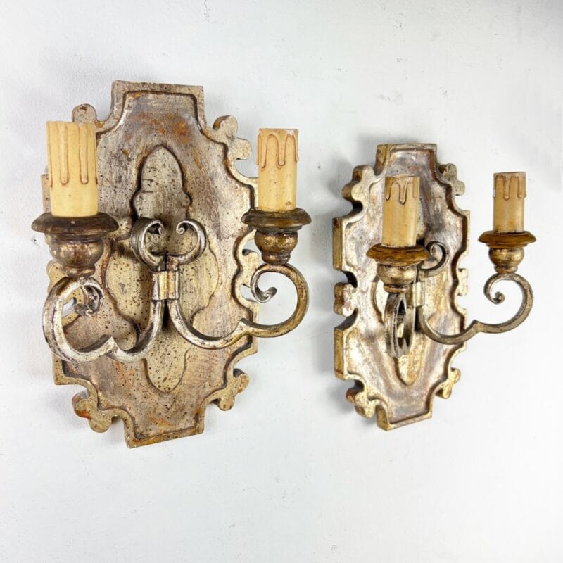 Coppia Applique vintage antichi in legno Argento lampada da parete stile Barocco Categoria  Lampade Appliques