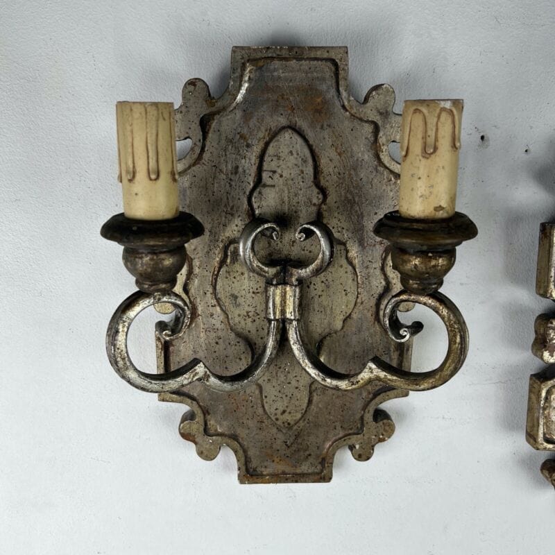 Coppia Applique vintage antichi in legno Argento lampada da parete stile Barocco Categoria  Lampade Appliques