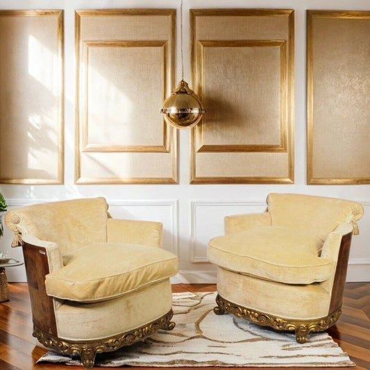 Coppia di poltrone a pozzetto stile art deco barocco antico tessuto beige oro Categoria  Sedie