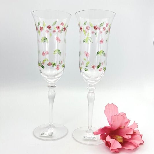 Coppia Flute Vintage calici Bicchieri in vetro inciso e dipinto da Champagne Categoria  Vetri e Cristalli