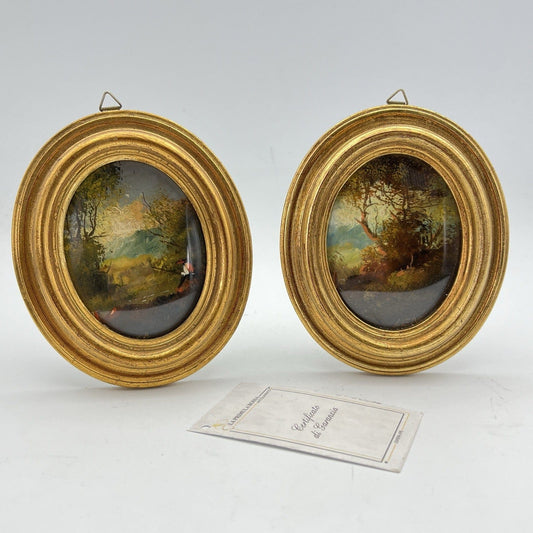 Coppia quadretti antichi miniature ovali dipinti paesaggio cornici legno dorato Categoria  Quadri