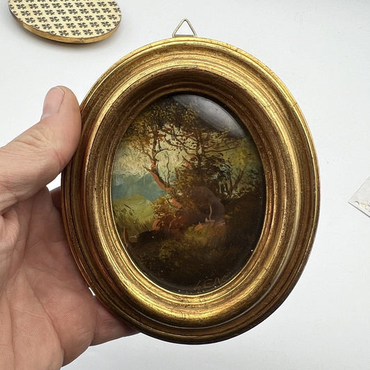 Coppia quadretti antichi miniature ovali dipinti paesaggio cornici legno dorato Categoria  Quadri