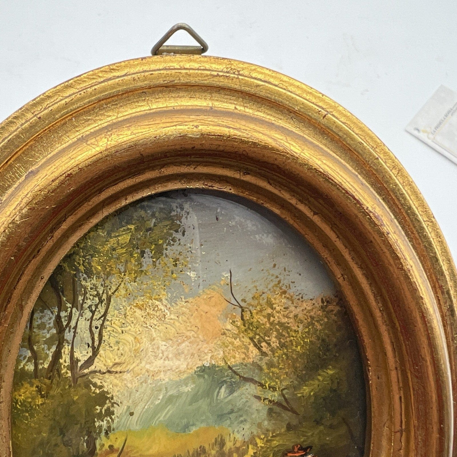 Coppia quadretti antichi miniature ovali dipinti paesaggio cornici legno dorato Categoria  Quadri