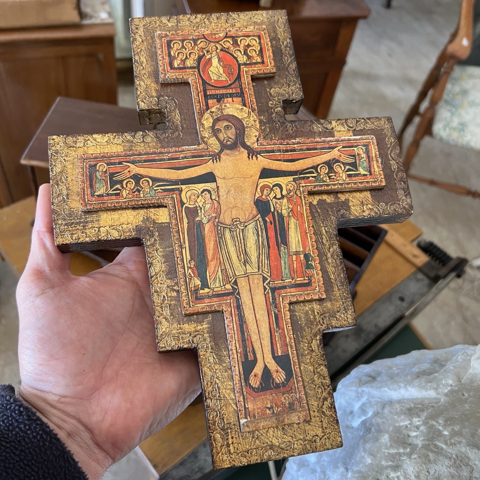 Crocifisso stile antico Icona Croce religiosa sacra in legno dorato Assisi Categoria  Oggetti sacri - rosari