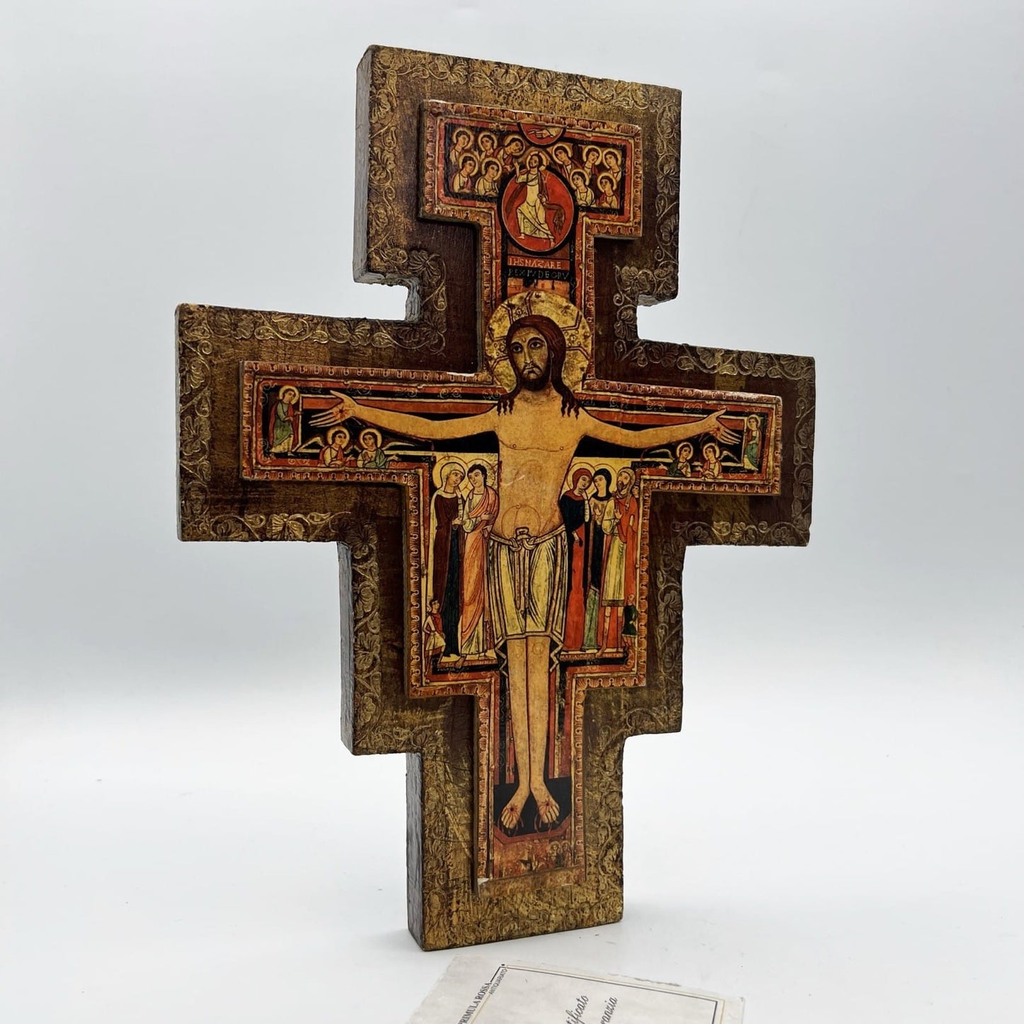 Crocifisso stile antico Icona Croce religiosa sacra in legno dorato Assisi Categoria  Oggetti sacri - rosari