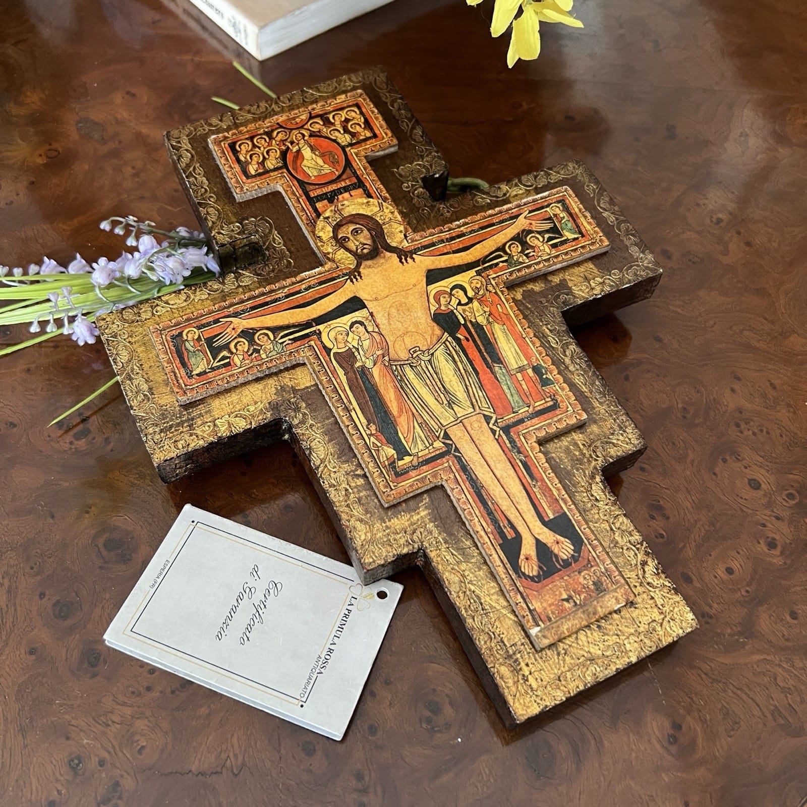 Crocifisso stile antico Icona Croce religiosa sacra in legno dorato Assisi Categoria  Oggetti sacri - rosari