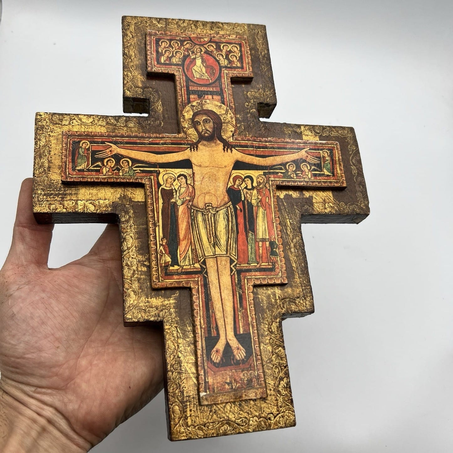 Crocifisso stile antico Icona Croce religiosa sacra in legno dorato Assisi Categoria  Oggetti sacri - rosari
