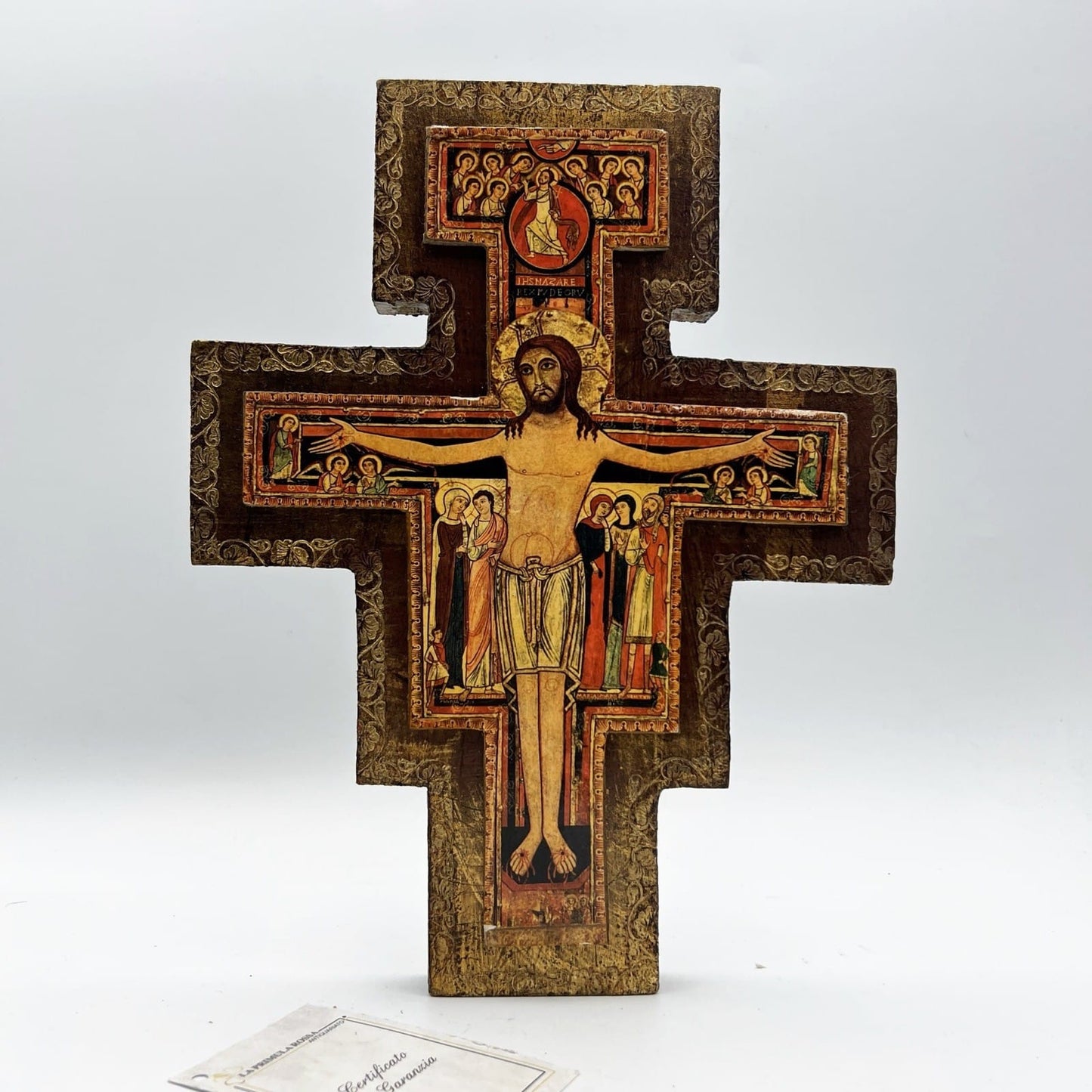 Crocifisso stile antico Icona Croce religiosa sacra in legno dorato Assisi Categoria  Oggetti sacri - rosari