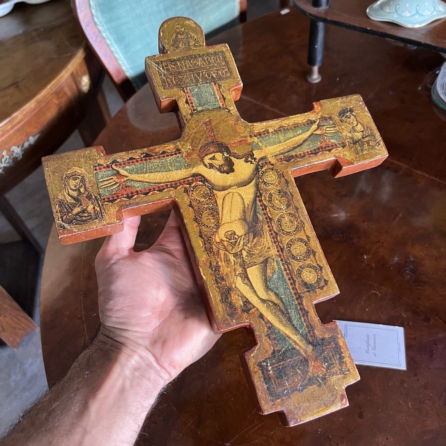 Crocifisso stile antico Icona Croce religiosa sacra in legno dorato da parete Categoria  Oggetti sacri - rosari