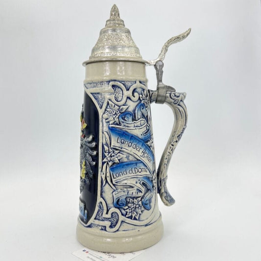 Grande Boccale da birra in ceramica Tedesco Austria vintage con coperchio peltro Categoria  Boccali
