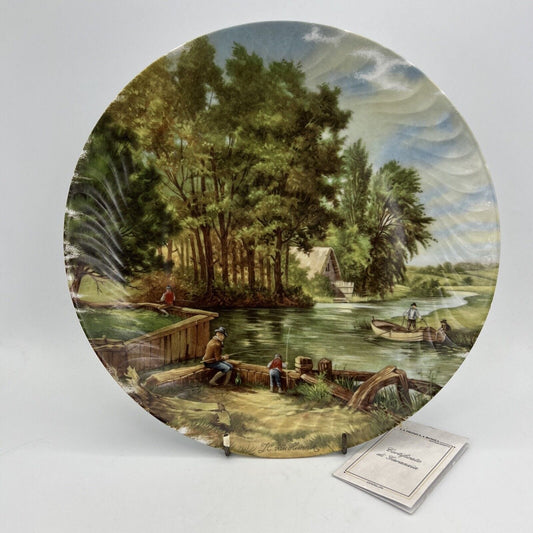 Grande Piatto Vintage decorativo da muro in Porcellana Scena Pesca Campagna 900 Categoria  Piatti e Piattini