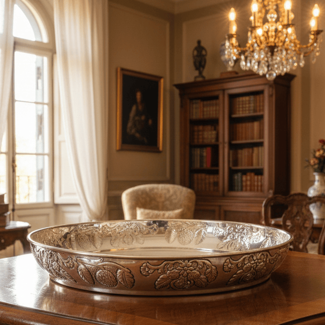 Grande Vassoio Rotondo in Argento Placcato Silver Plated in stile Antico Categoria  Sheffield & Argento