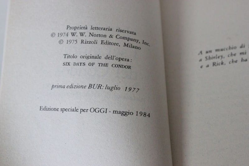 I SEI GIORNI DEL CONDOR EDIZIONE SPECIALE PER LA RIVISTA OGGI ANNO 1984 Categoria  Libri