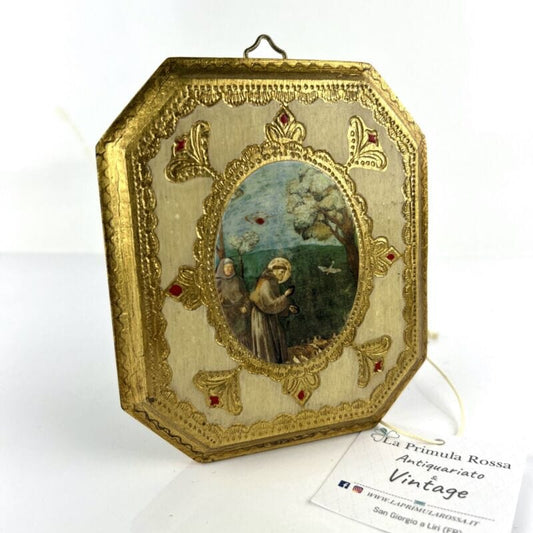 Icona antica Placca religiosa sacra in legno dorato San Francesco d'Assisi 900 Categoria  Oggetti sacri - rosari