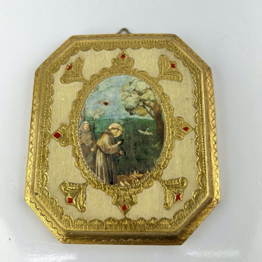Icona antica Placca religiosa sacra in legno dorato San Francesco d'Assisi 900 Categoria  Oggetti sacri - rosari