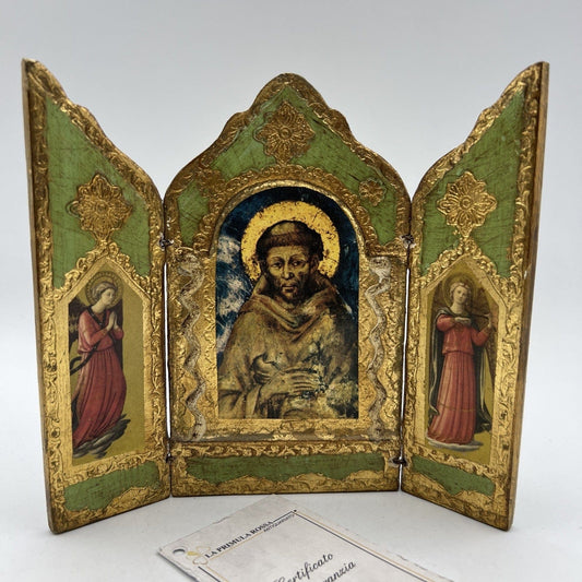 Icona antica religiosa Fiorentina Sacra in legno dorato San Francesco Trittico Categoria  Oggetti sacri - rosari