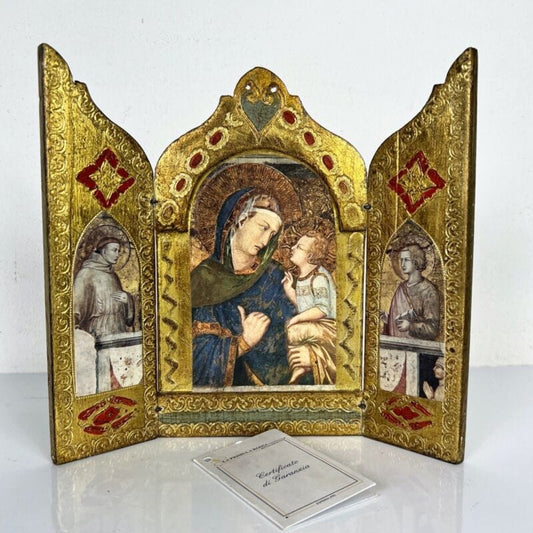 Icona antica religiosa sacra in legno dorato La Madonna dei Tramonti trittico Categoria  Oggetti sacri - rosari