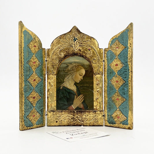 Icona antica religiosa sacra in legno dorato libro madonna delle rocce trittico Categoria  Oggetti sacri - rosari