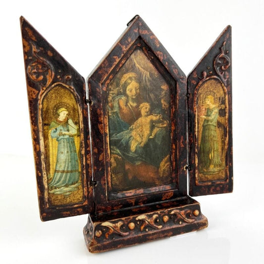Icona antica religiosa sacra in legno dorato Madonna con il Bambino trittico Categoria  Oggetti sacri - rosari