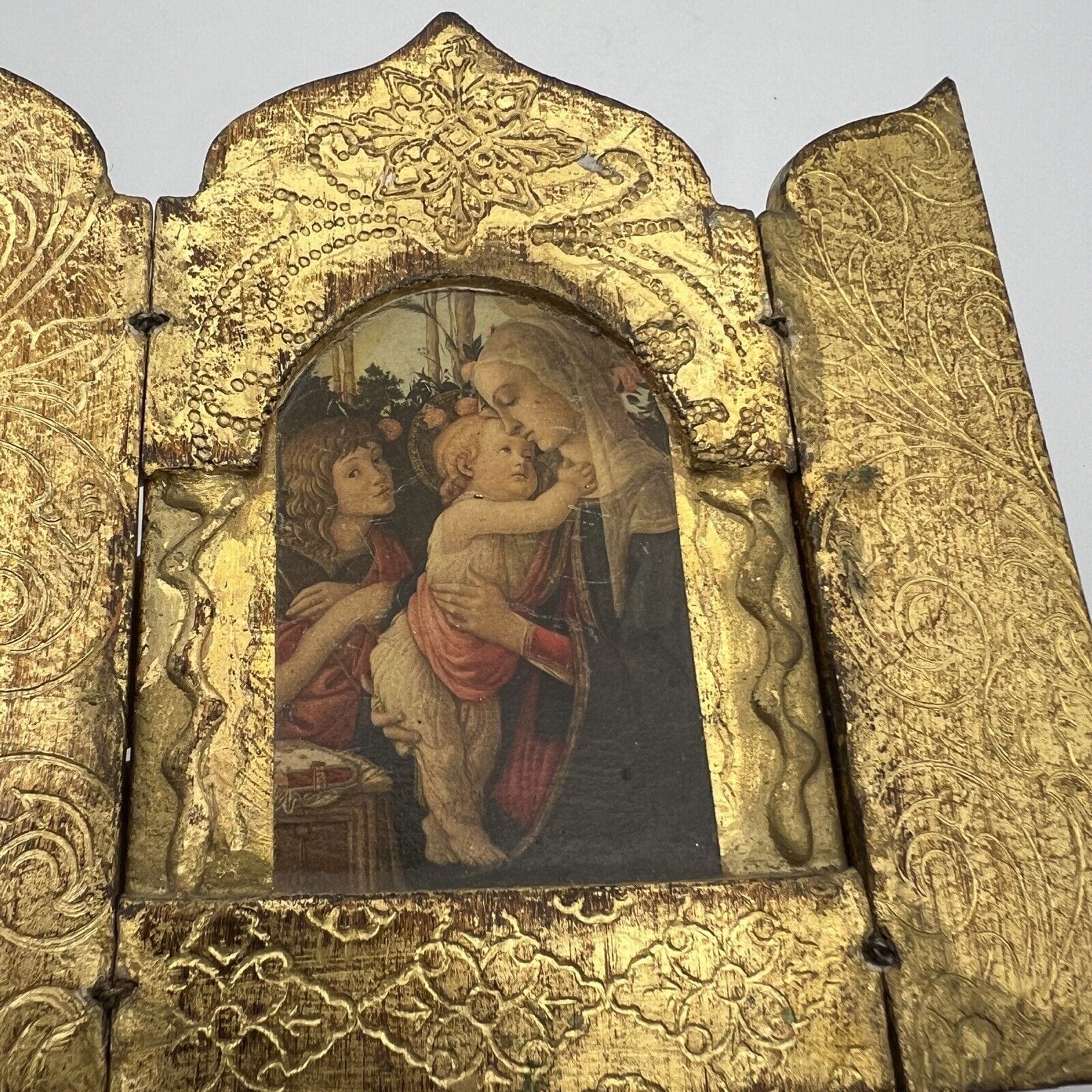 Icona antica religiosa sacra in legno dorato Madonna con il Bambino trittico Oro Categoria  Oggetti sacri - rosari