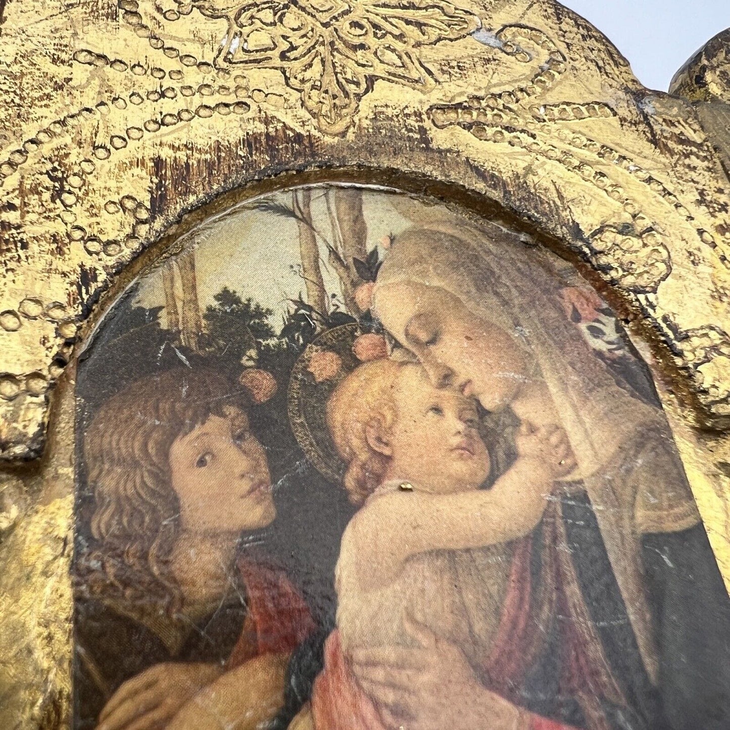 Icona antica religiosa sacra in legno dorato Madonna con il Bambino trittico Oro Categoria  Oggetti sacri - rosari