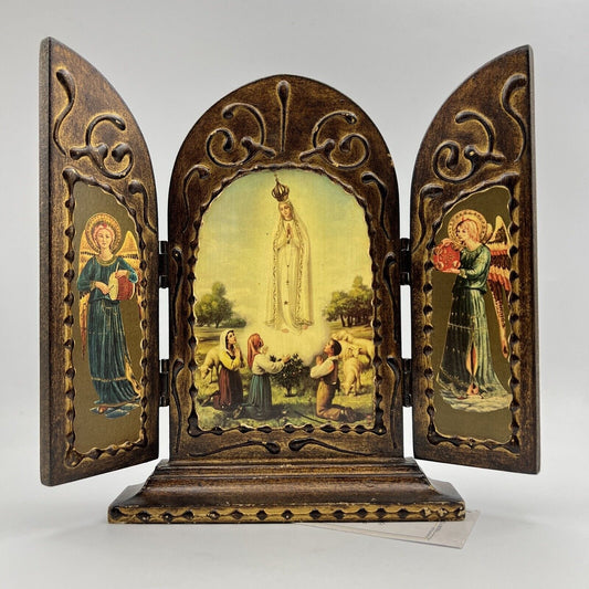 Icona antica religiosa sacra in legno dorato Madonna Fatima Trittico con Angeli Categoria  Oggetti sacri - rosari