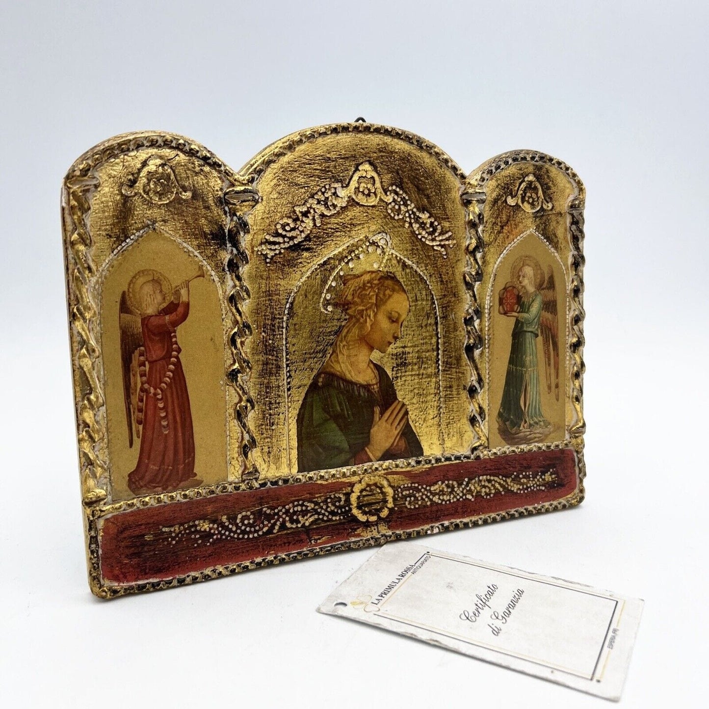 Icona antica religiosa sacra in legno dorato Madonna In Preghiera stile trittico Categoria  Oggetti sacri - rosari