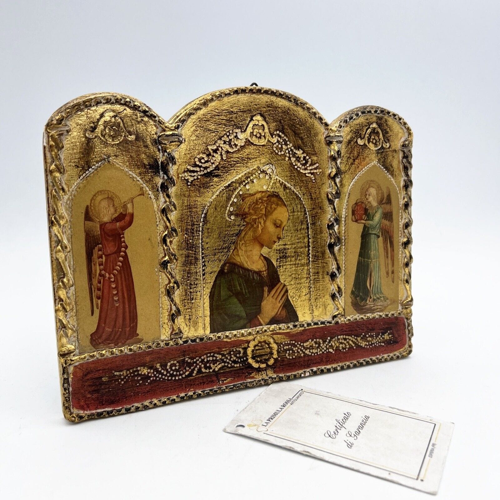 Icona antica religiosa sacra in legno dorato Madonna In Preghiera stile trittico Categoria  Oggetti sacri - rosari