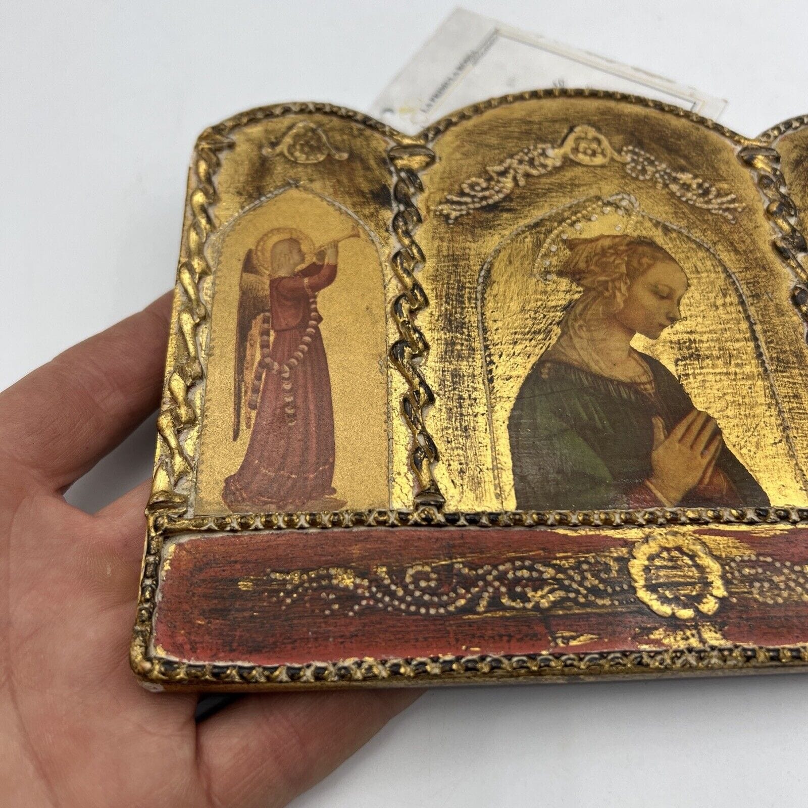 Icona antica religiosa sacra in legno dorato Madonna In Preghiera stile trittico Categoria  Oggetti sacri - rosari