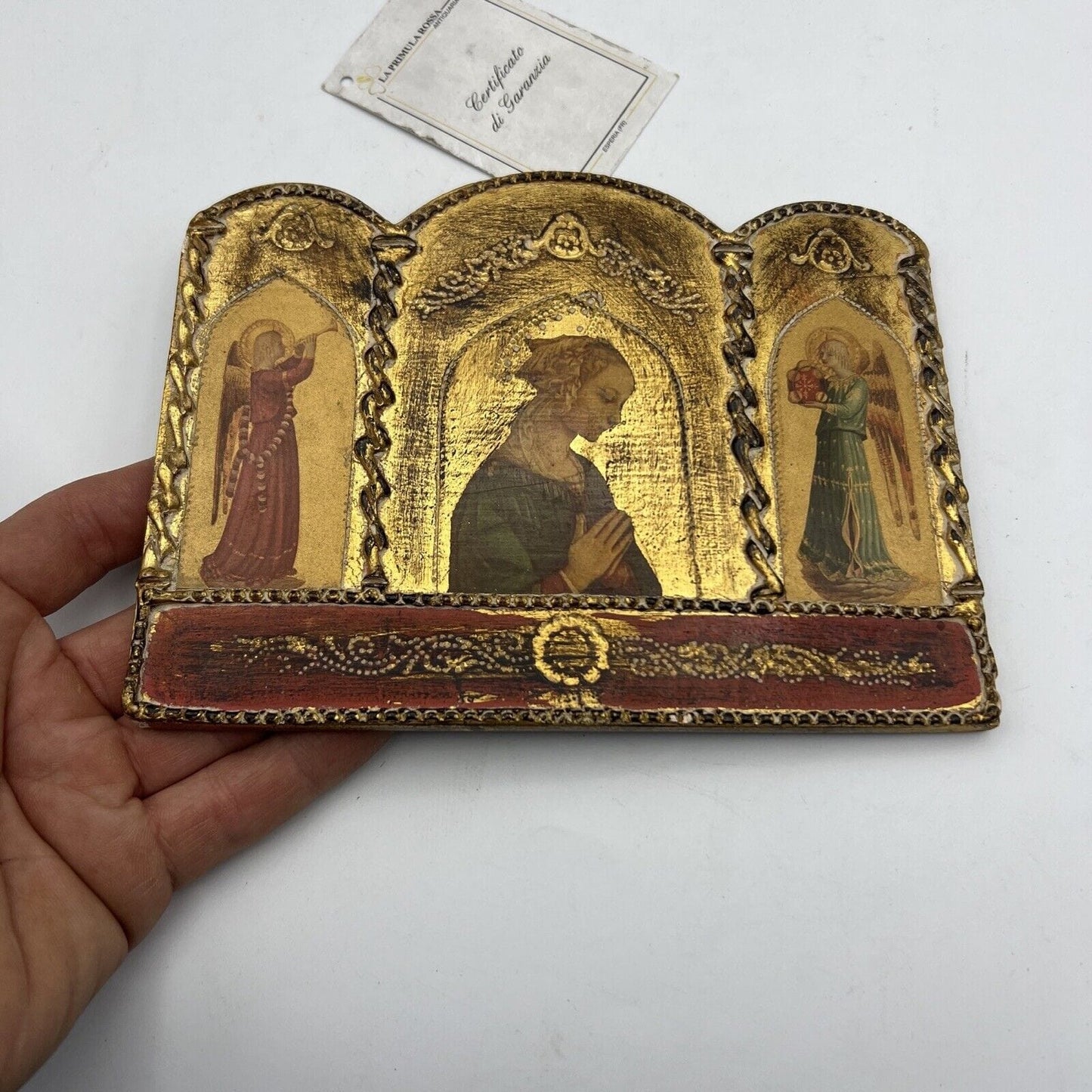 Icona antica religiosa sacra in legno dorato Madonna In Preghiera stile trittico Categoria  Oggetti sacri - rosari